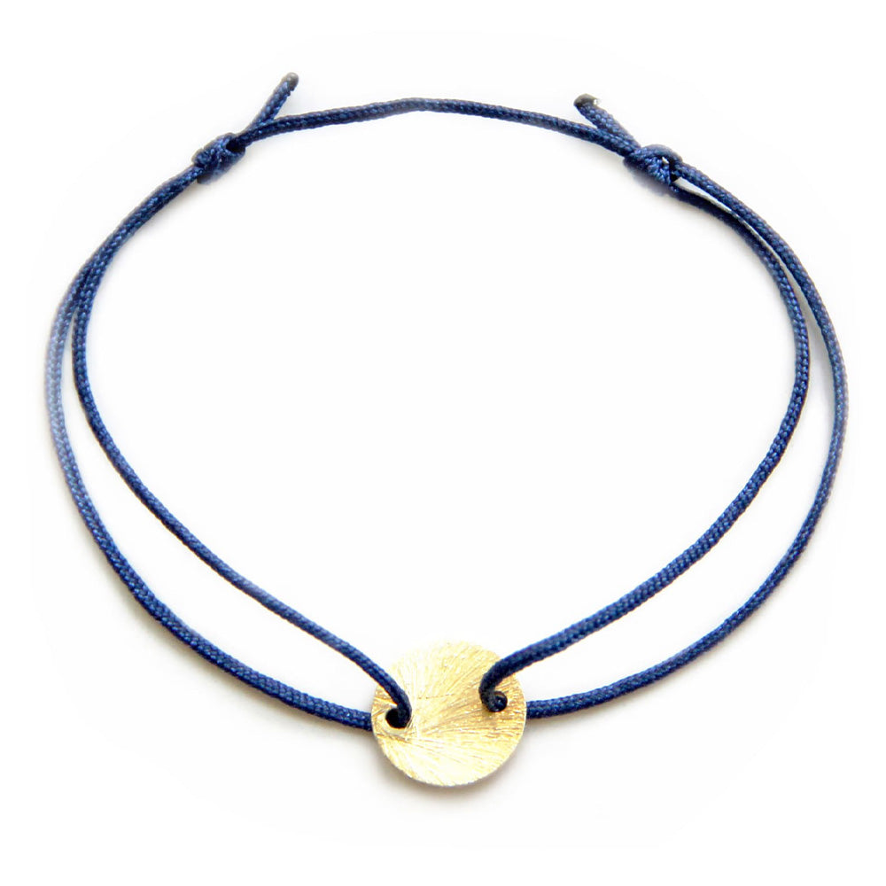 dark blue nylon thread bracelet with round gold plated pendant 