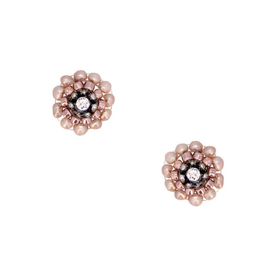round earstuds with rosé freshwater pearls and rosé beads