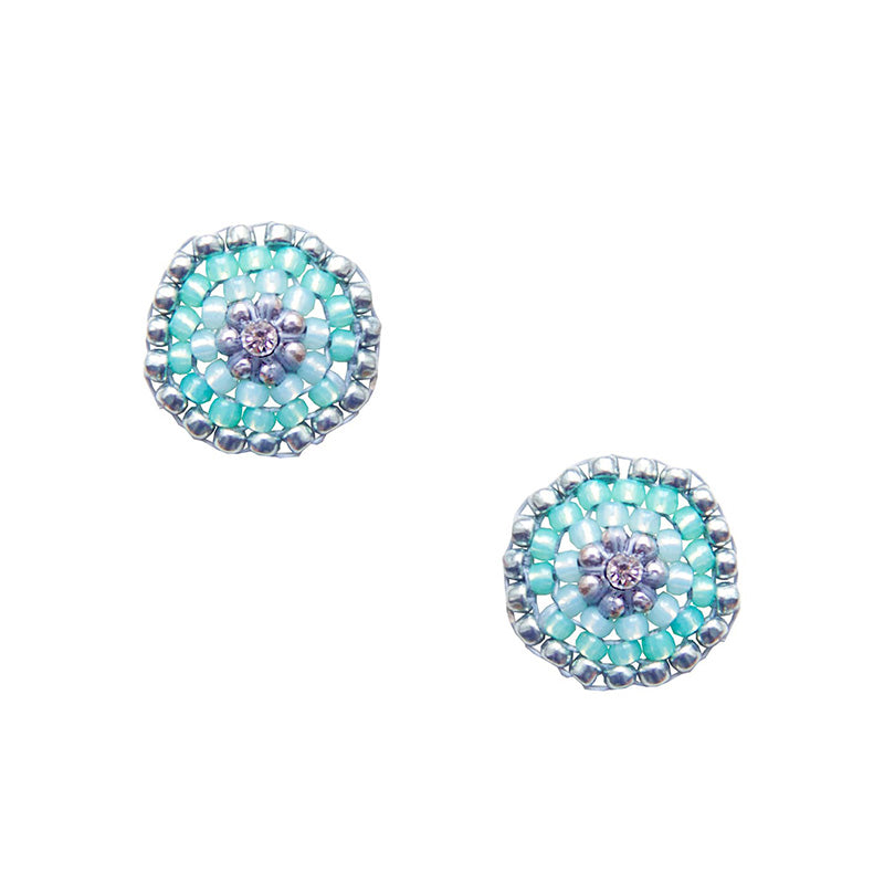 round silver earstuds made out of small light blue and turquoise beads