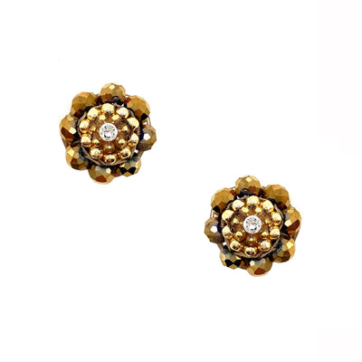 round golden earstuds made out of brown beads