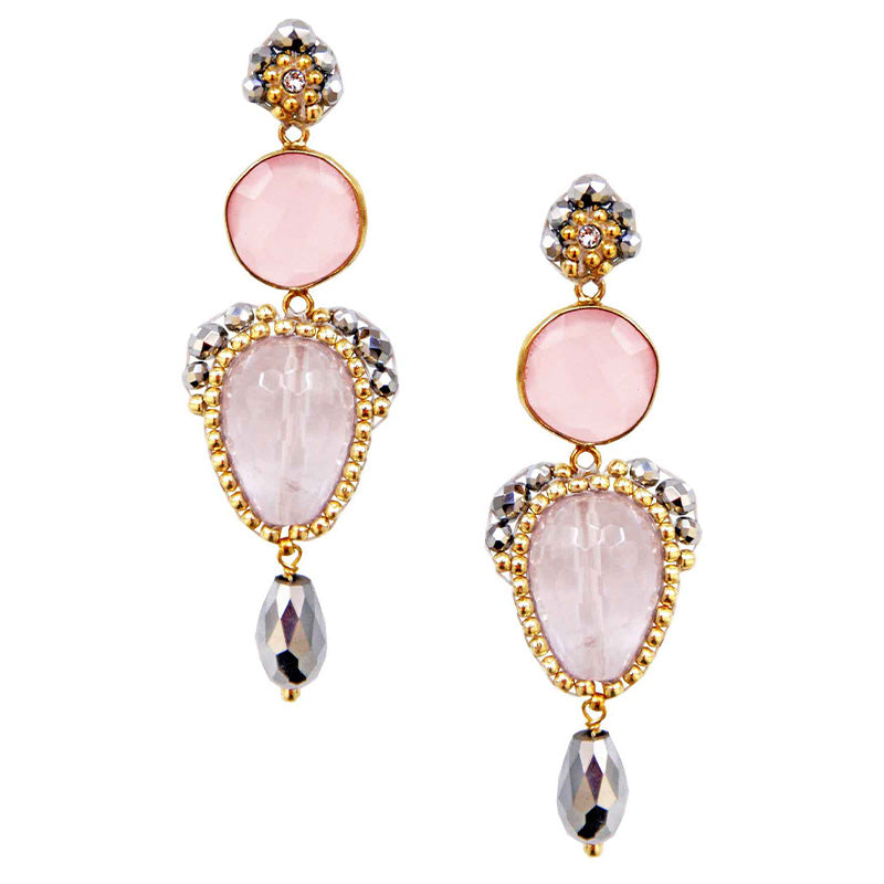 long gold statement earrings with rose quartz and silver beads