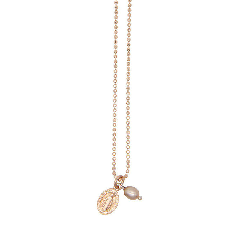rosegold necklace with talisman pendant and light pink freshwater pearls