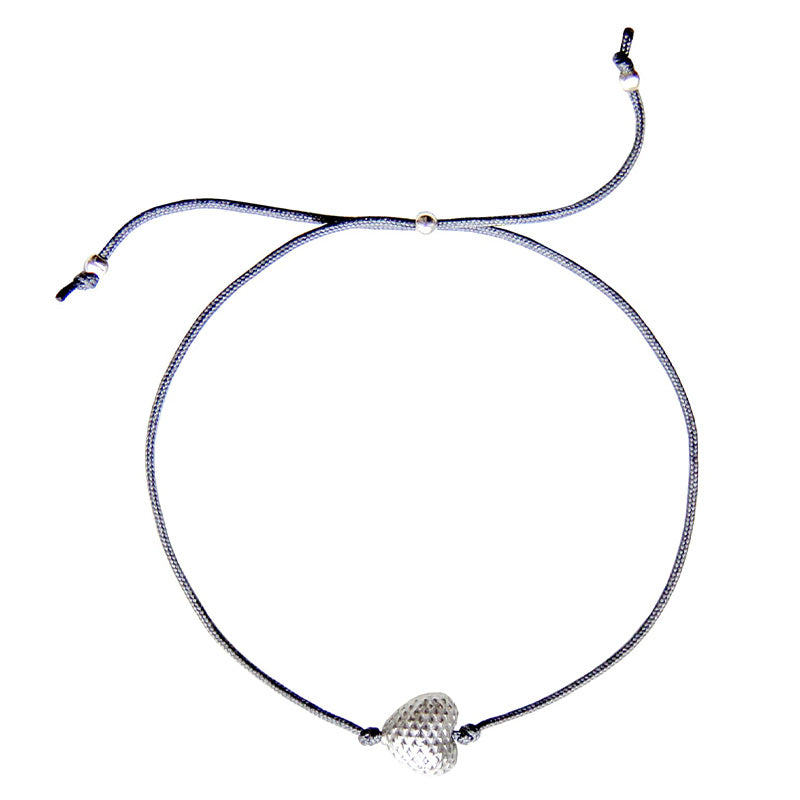 grey nylon thread bracelet with heart-shaped silver pendant