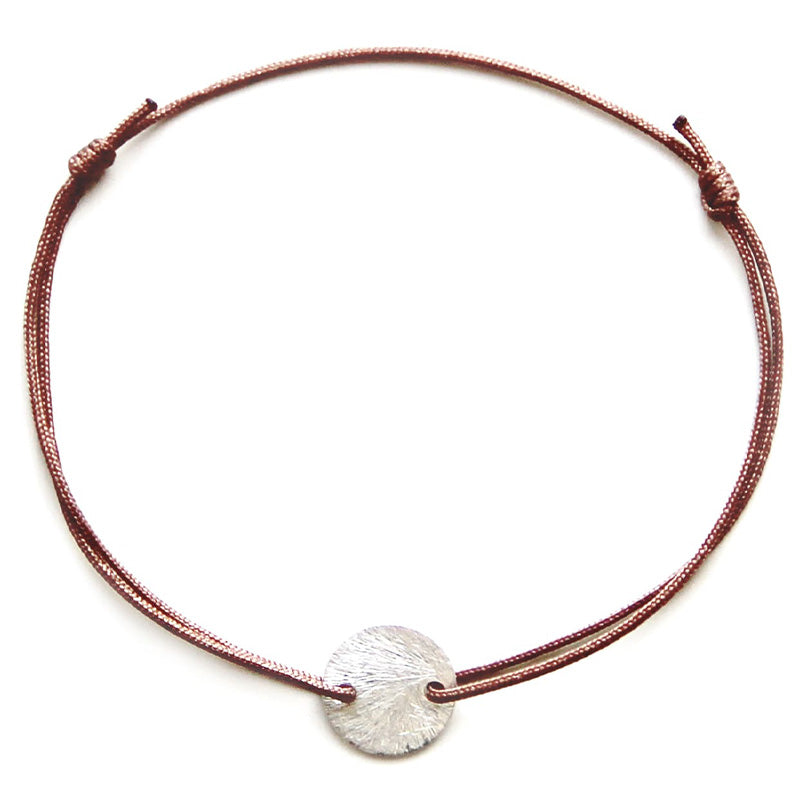 brown nylon thread bracelet with round silver pendant