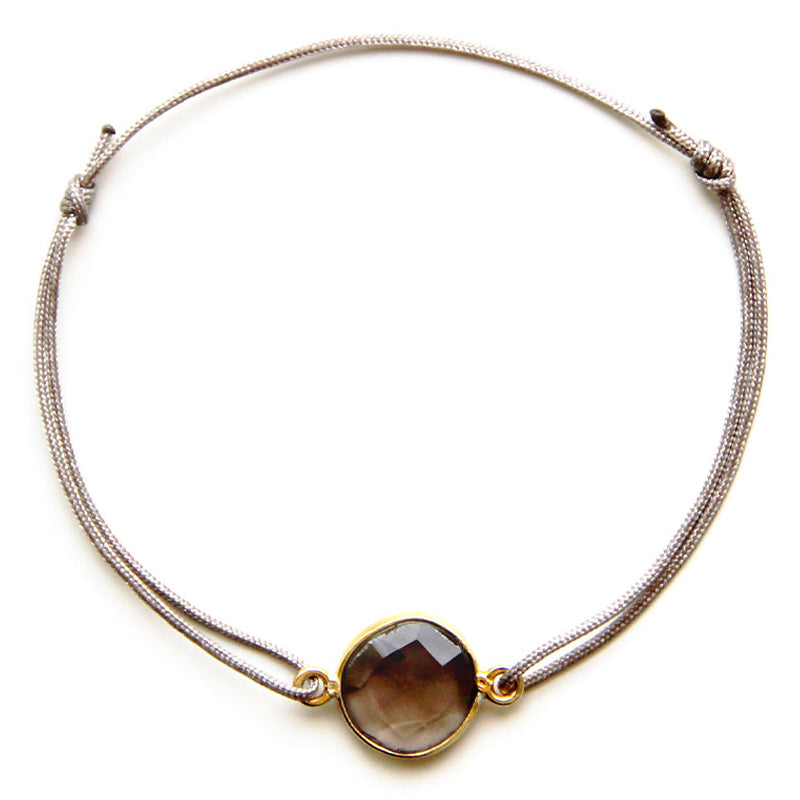 brown nylon thread bracelet with round dark brown smoky quartz gemstone