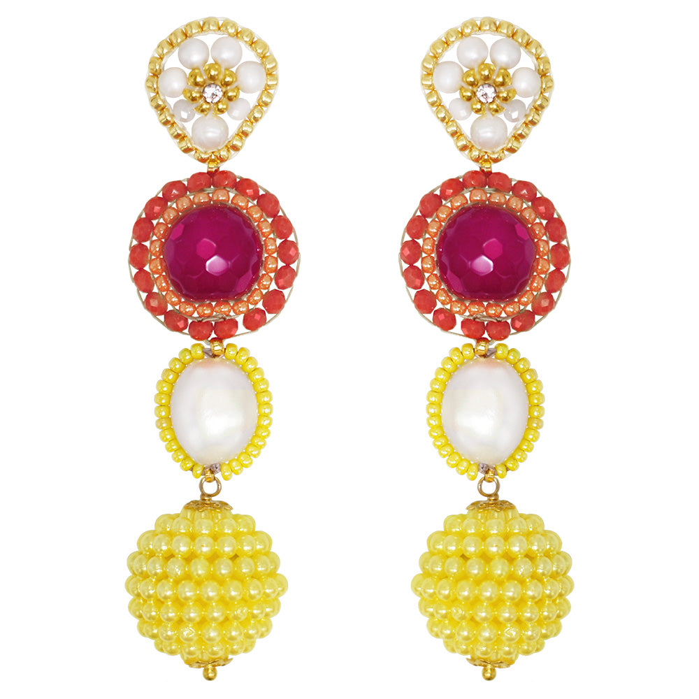 colourful statement earrings with orange and yellow beads and pink agate stone