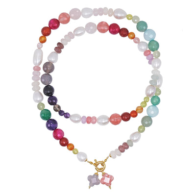 multicolored gemstone necklace with freshwater pearls, onyx, carneol, pink agate, amethyst and jade stones