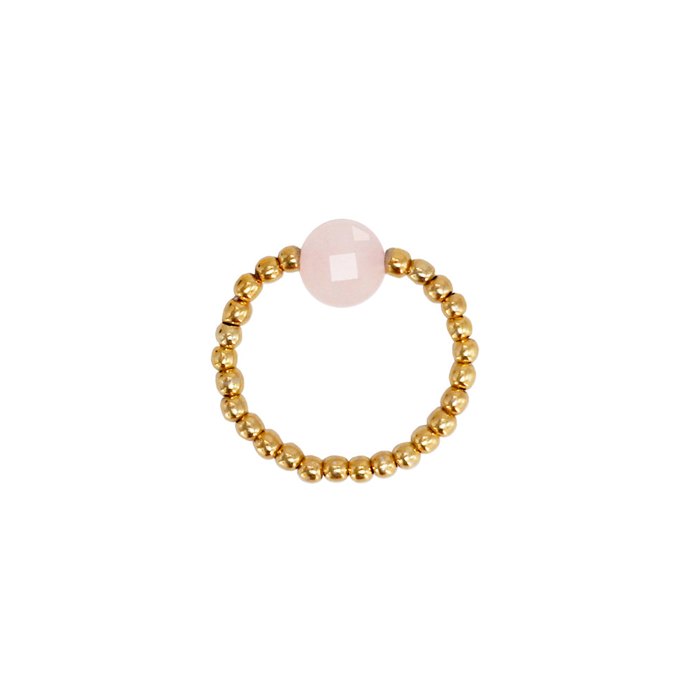 stretch ring with small 18k gold plated beads and a rose quartz gemstone