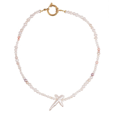 pink and white freshwater pearl necklace with big cross shaped pearl pendant