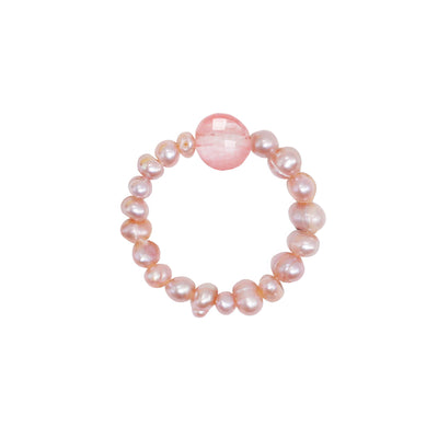 stretch ring with natural lilac freshwater pearls and a pink jasper stone