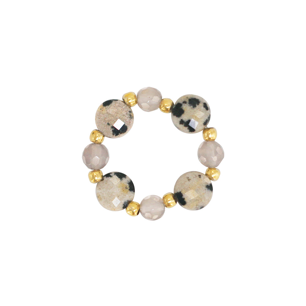 stretch ring with leopard printed agate stone and 18 karat gold plated beads