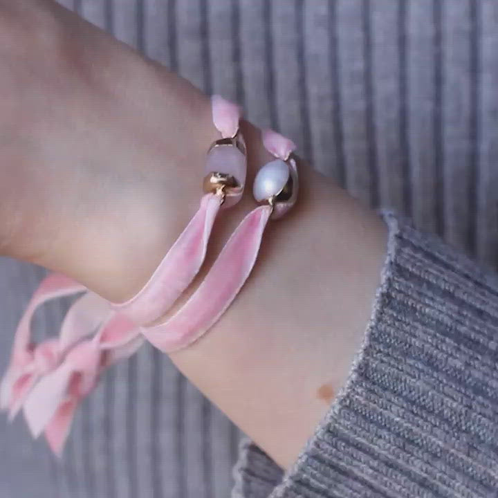 dusky pink velvet bracelet with light pink quartz gemstone