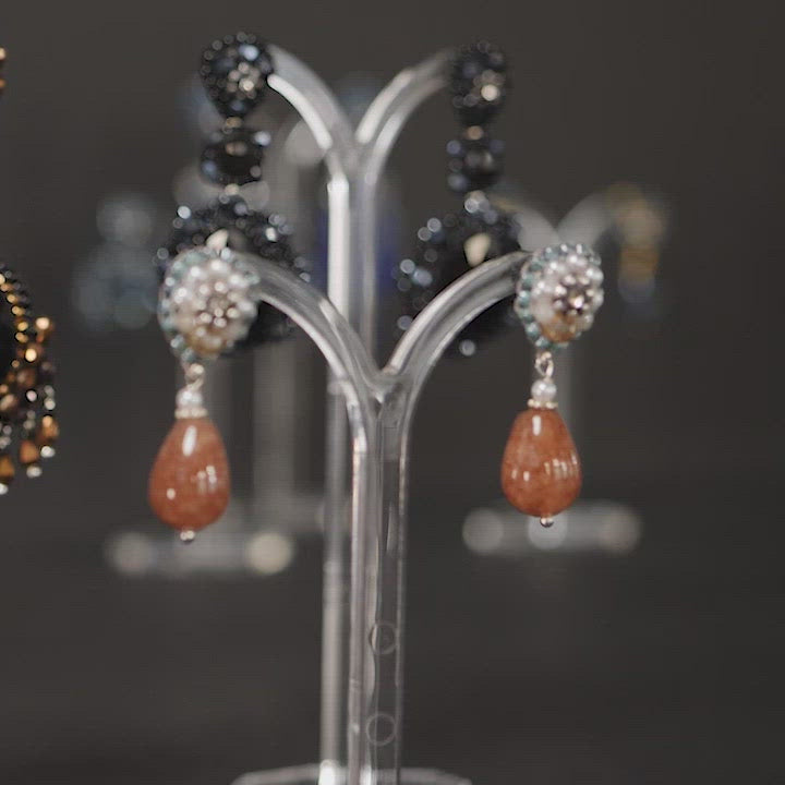 silver earrings with brown carnelian stone drop, small freshwater pearls and blue beads