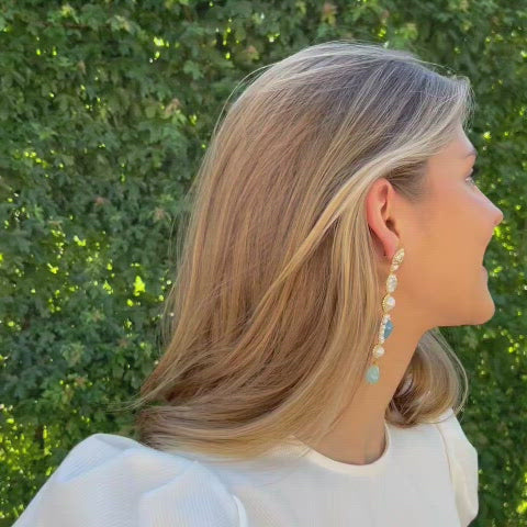 big statement earrings with freshwater pearls, blue jade stone, green aventurine stone and gold details
