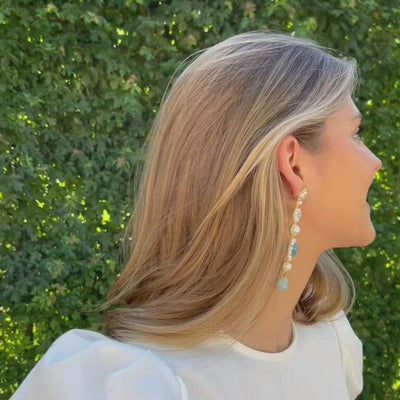 big statement earrings with freshwater pearls, blue jade stone, green aventurine stone and gold details