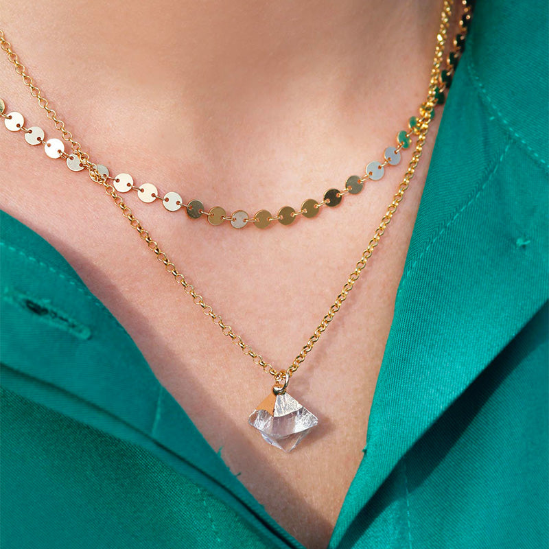 gold plated necklace with grey pyramid shaped quartz gemstone pendant