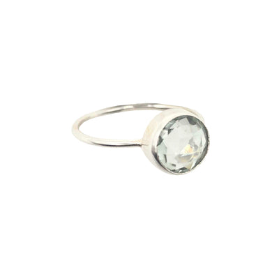 silver ring with round green amethyst gemstone