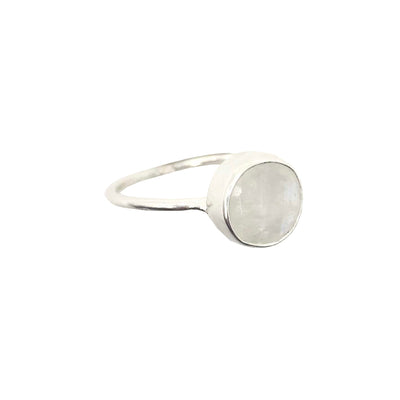 silver ring with round white labradorite gemstone