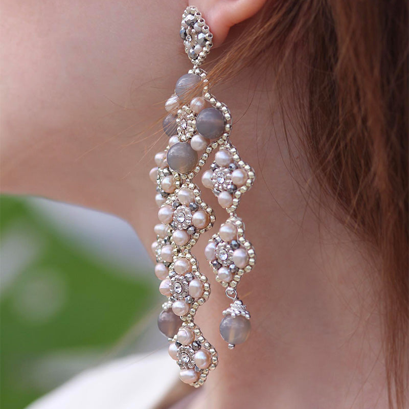 big silver statement earrings with grey agate stone and rose colored freshwater pearls