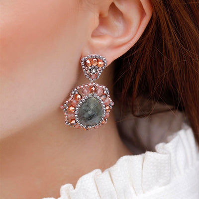 big drop shaped gemstone earrings with grey labradorite stone and rose and bronze colored glass beads