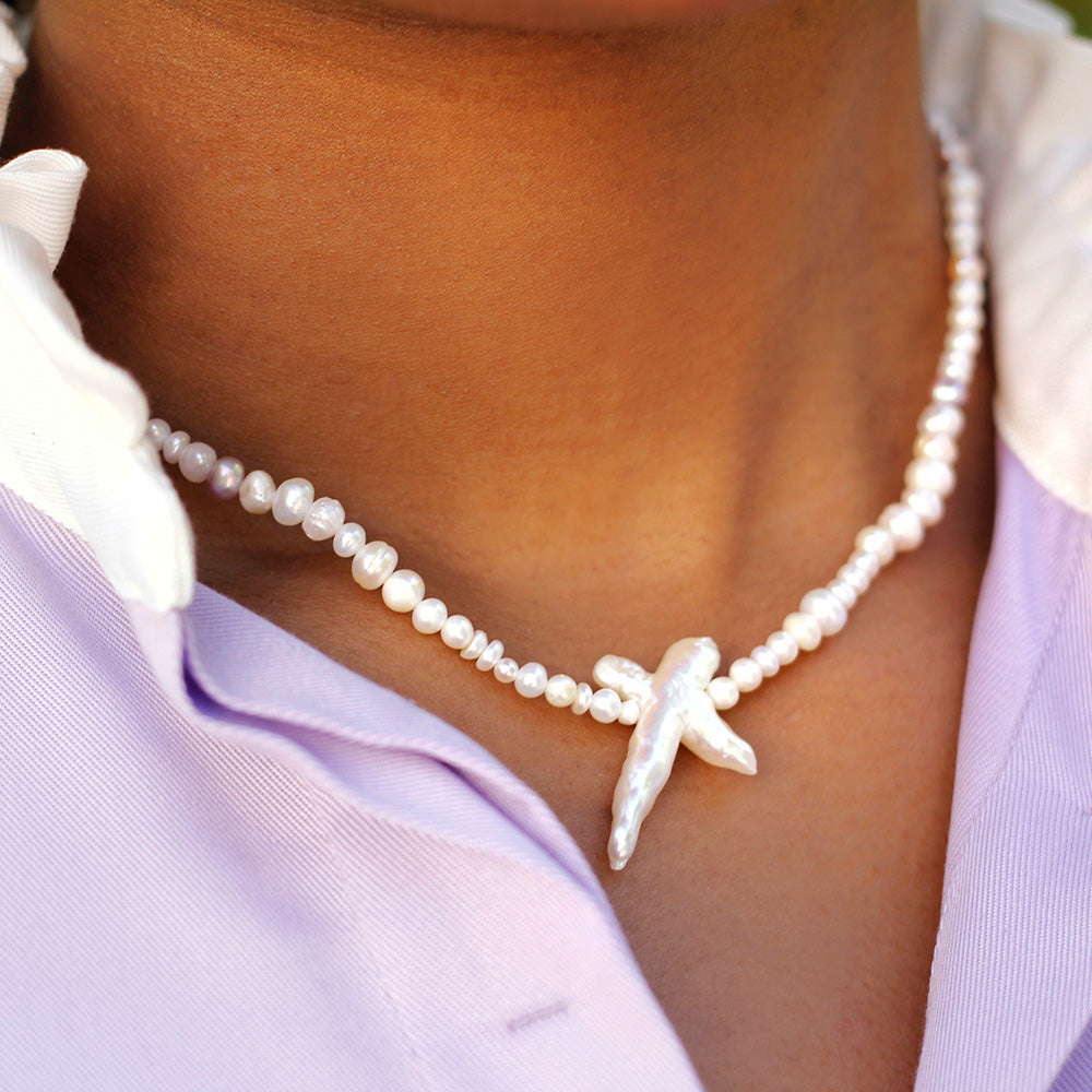 pink and white freshwater pearl necklace with big cross shaped pearl pendant inspired by Vanessa Hudgens.