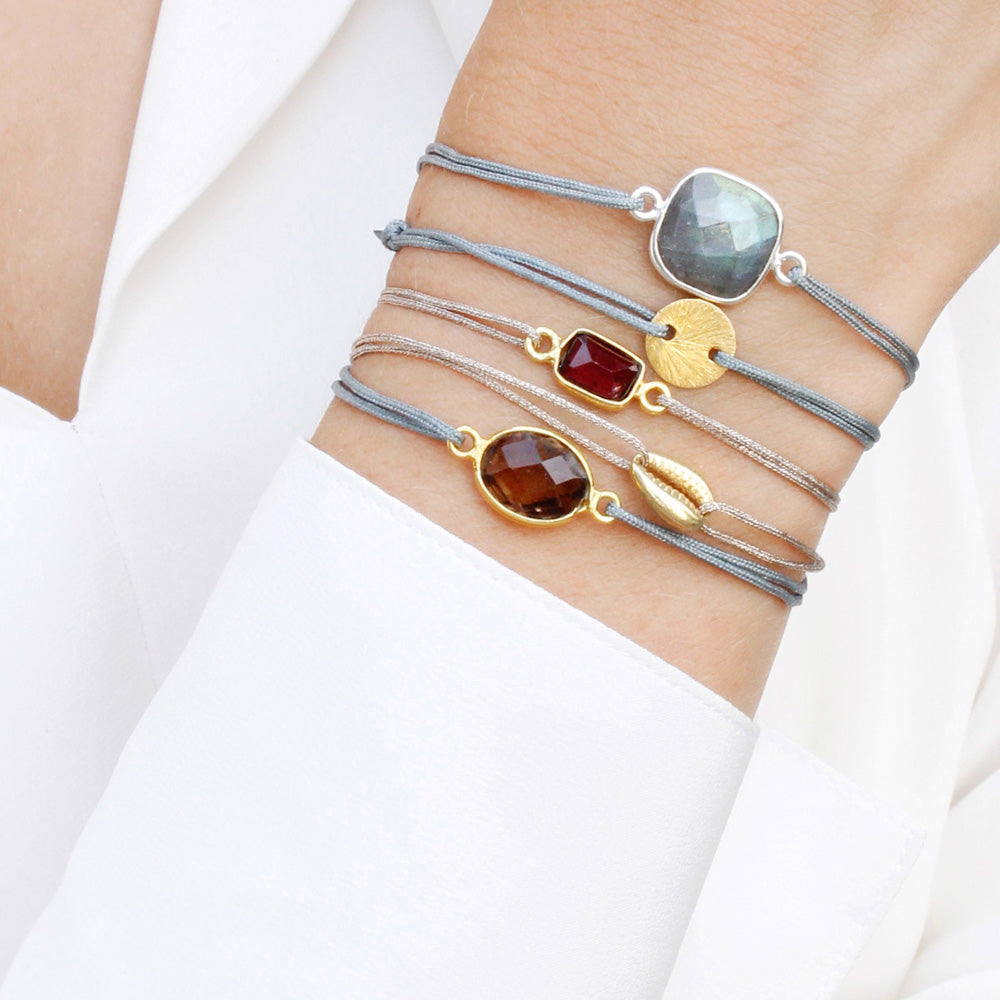 grey nylon thread bracelet with round dark brown smokey quartz gemstone