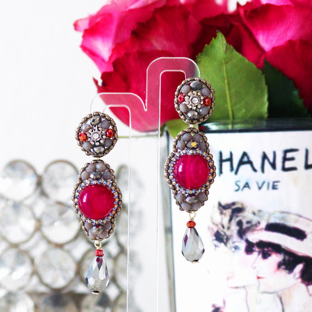 long grey statement earrings with berry pink agate stone 