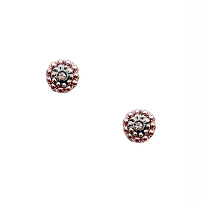 small round earstuds made out of silver and rose colored beads