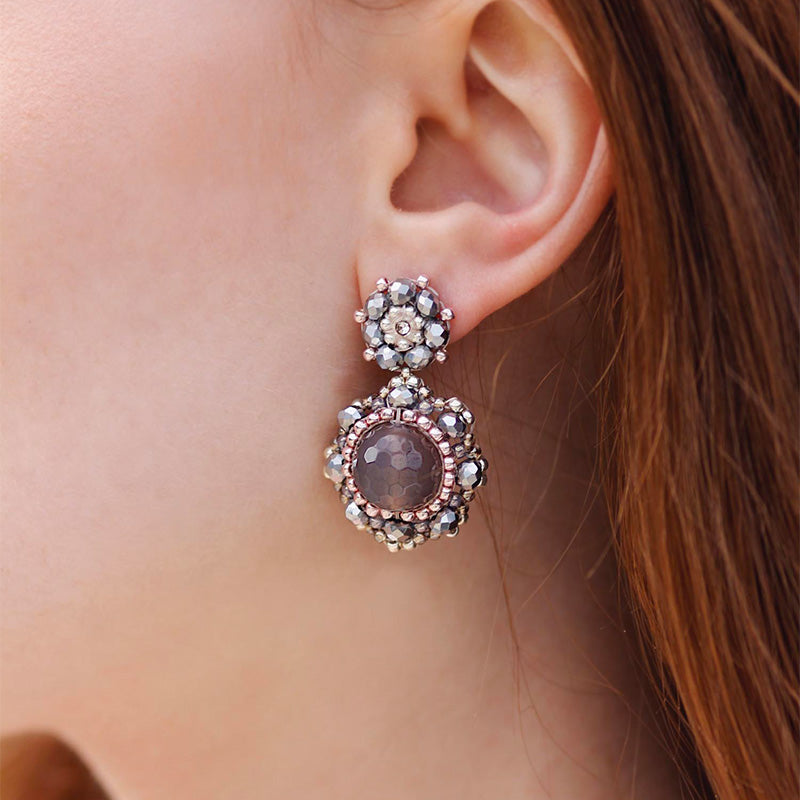 Mala Beach Earrings - Maschalinagrey gemstone earrings with round dark purple agate stones 