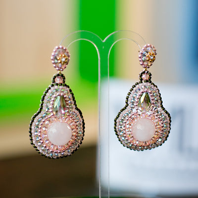 big pear-shaped statement earrings with round rose quartz, pink, grey and gold beads