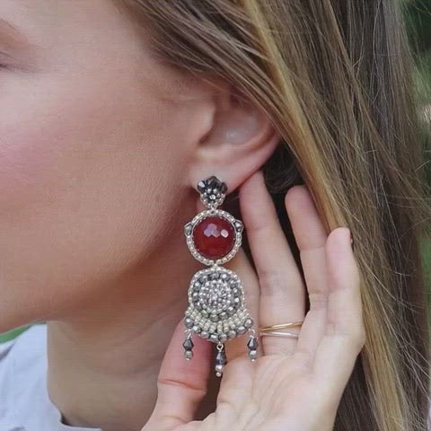 big silver statement earrings with round red carnelian stone and dark grey beads
