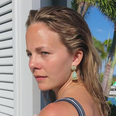 mint green statement earrings with natural pearls and achat stone