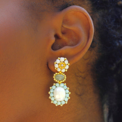 Turquoise earrings with gold details and freshwater pearls and light green aventurine stone
