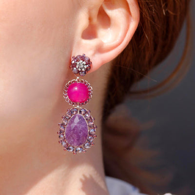 long gemstone earrings with dark oval amethyst stone and pink agate stone