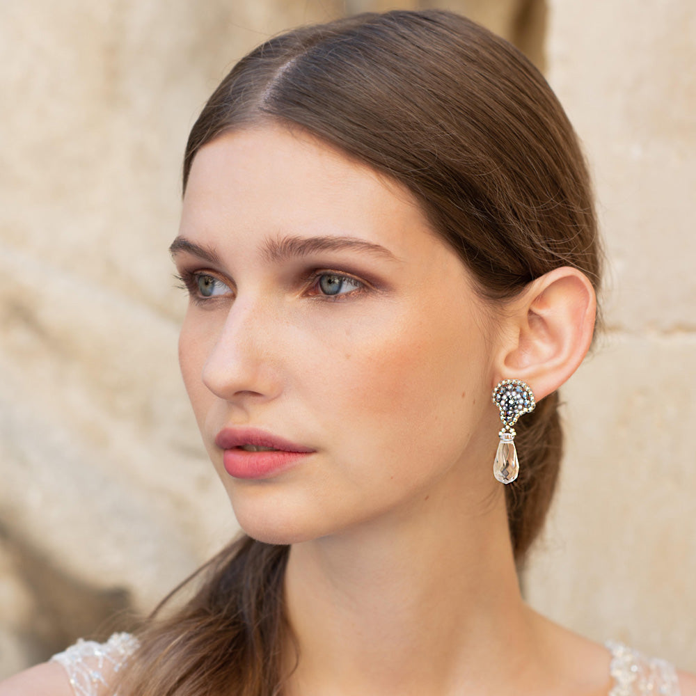 elegant silver earrings with clear oval svarovski glass bead 