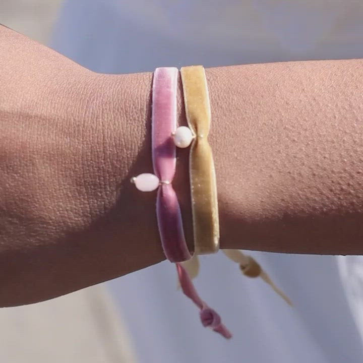 beige and pink velvet wedding bracelets with gemstone pendants