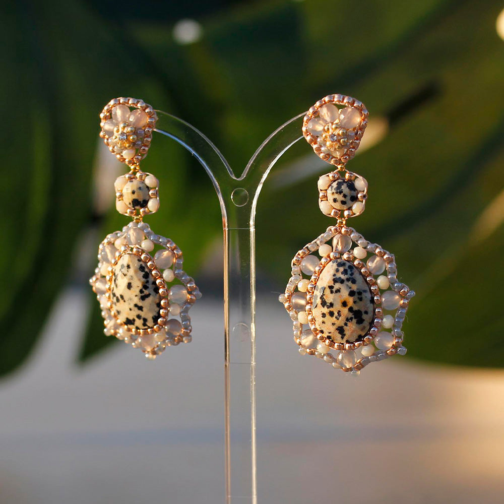 big statement earrings with beige specked quartz stone and taupe colored beads