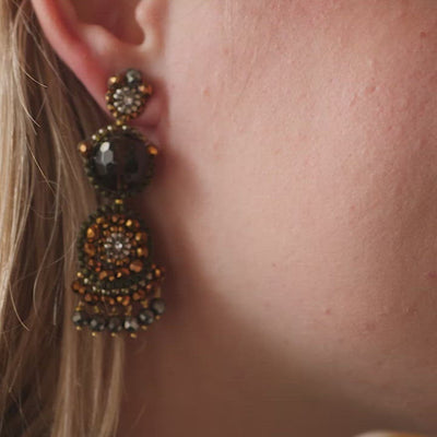 dark brown earrings with round transparent smoky quartz and small bronze colored beads