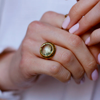 gold plated ring with big round green amethyst gemstone