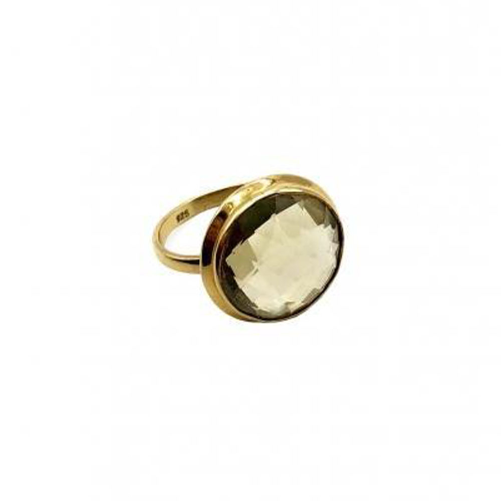 gold plated ring with big round green amethyst gemstone