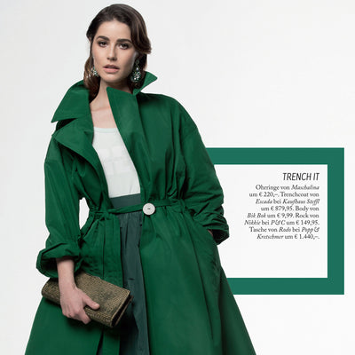 Spotted in Woman Magazine pear shaped statement earrings with white faceted rock crystal and beads in different green shades with Green Escada coat