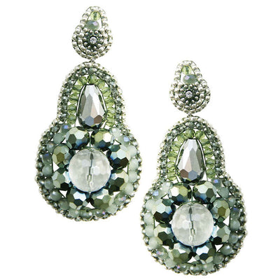 pear shaped statement earrings with white faceted rock crystal and beads in different green shades