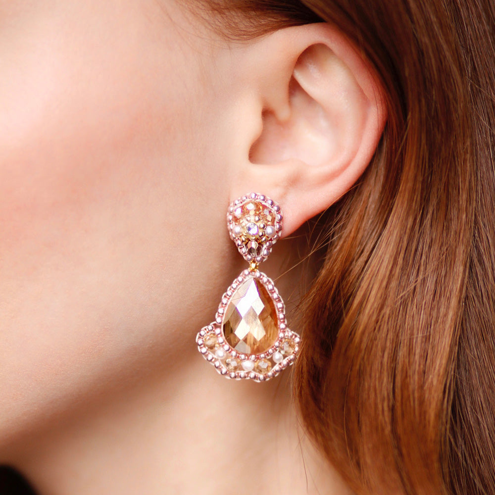 Beige Earrings with White Pearls, Swarovski Stones and pink rocailles beads