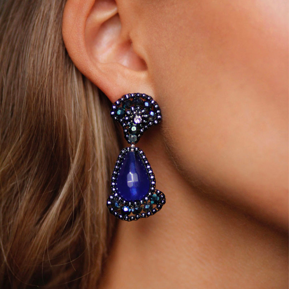 Earrings with midnight blue agate stone and blue swarovski stones