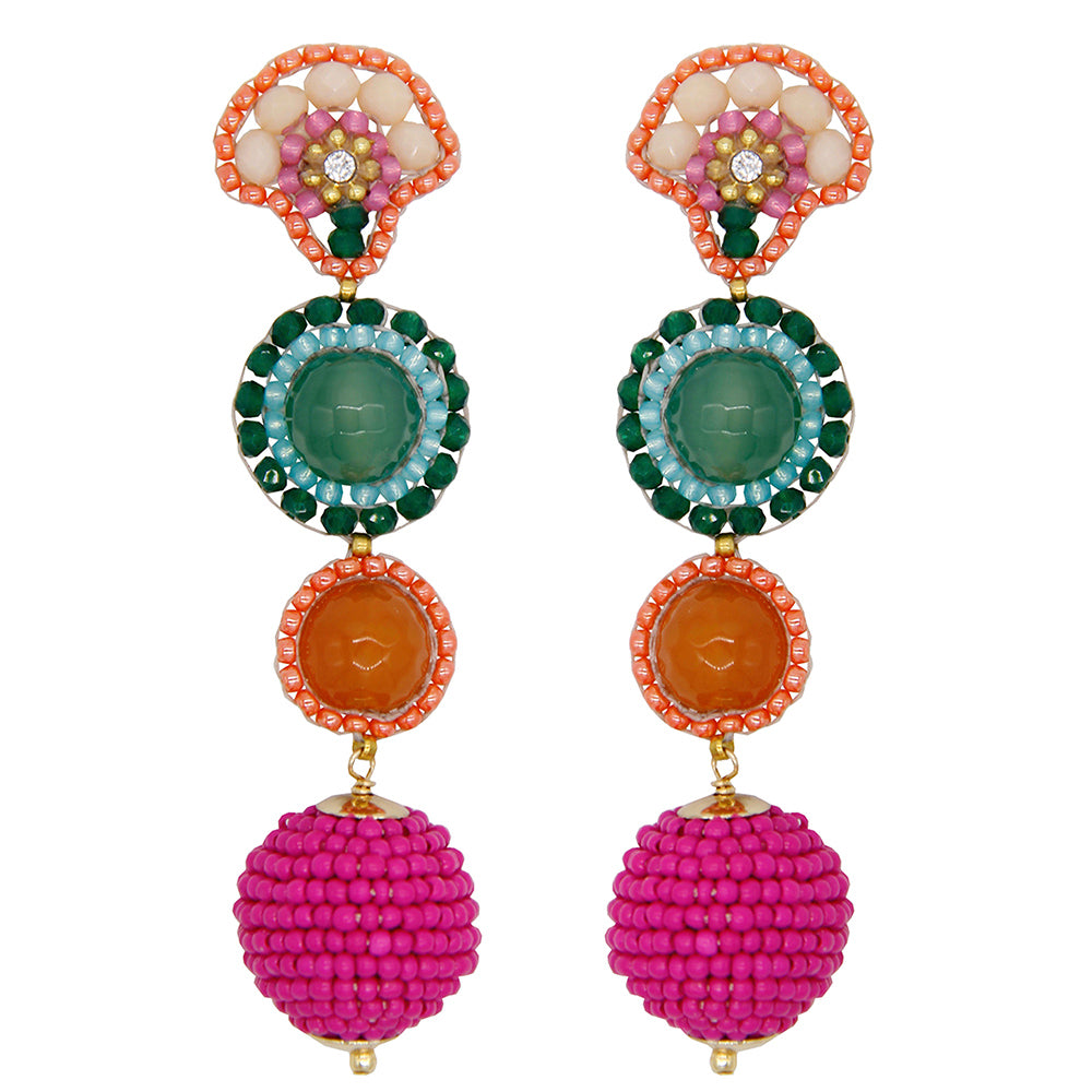 long statement earrings with green agate stone, orange agate stone and pink, orange and green glass beads