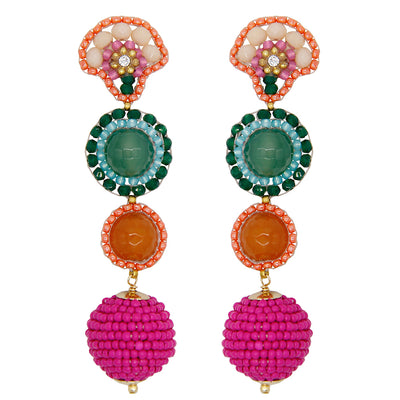 long statement earrings with green agate stone, orange agate stone and pink, orange and green glass beads