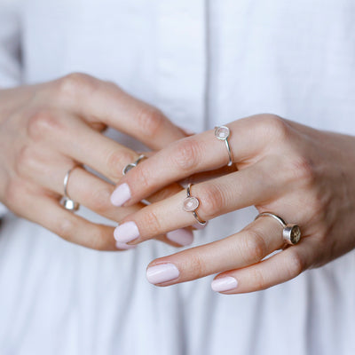 sterling silver ring with round light rose quartz gemstone