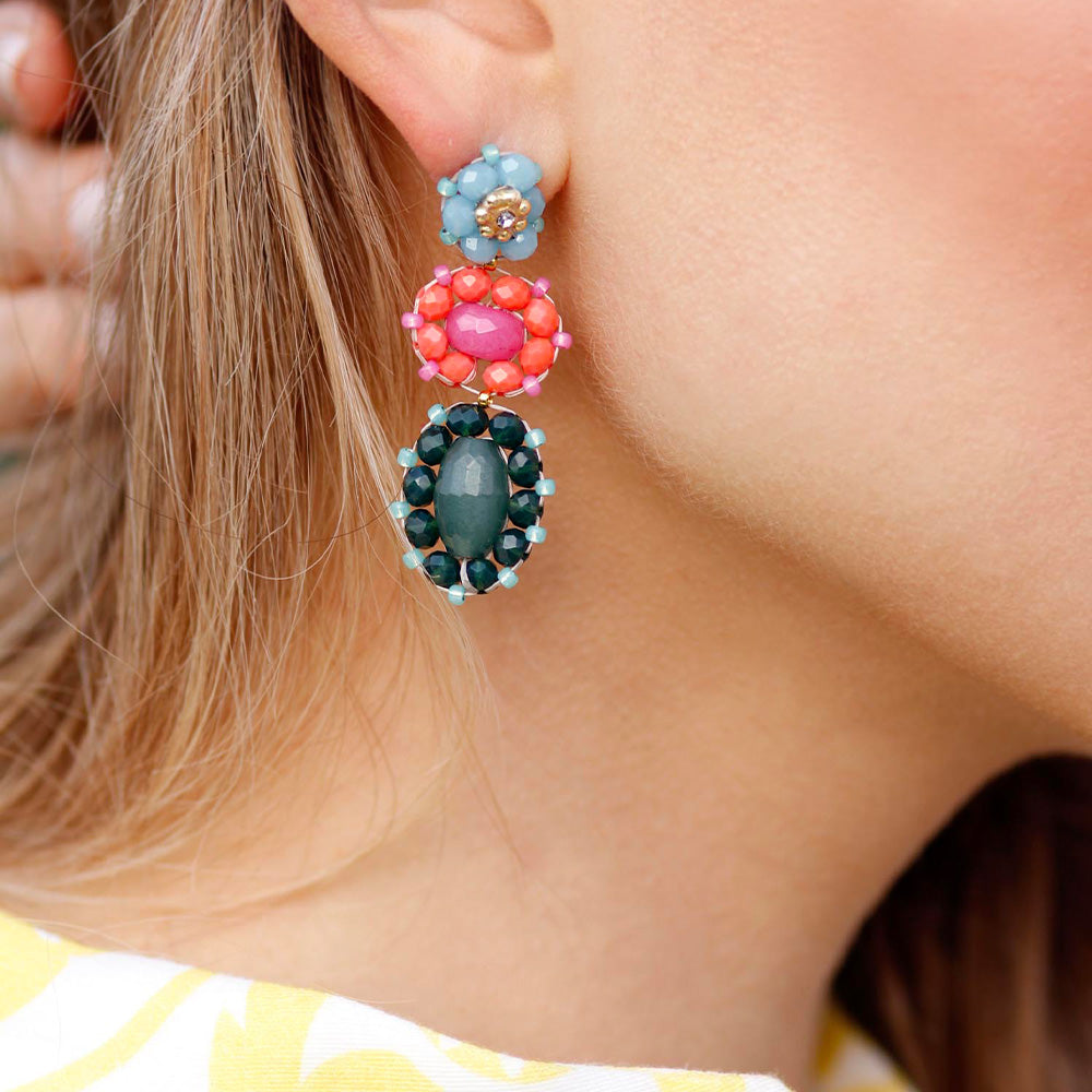 long colorful statement earrings with pink and olive green agate stone and blue, orange and dark green beads