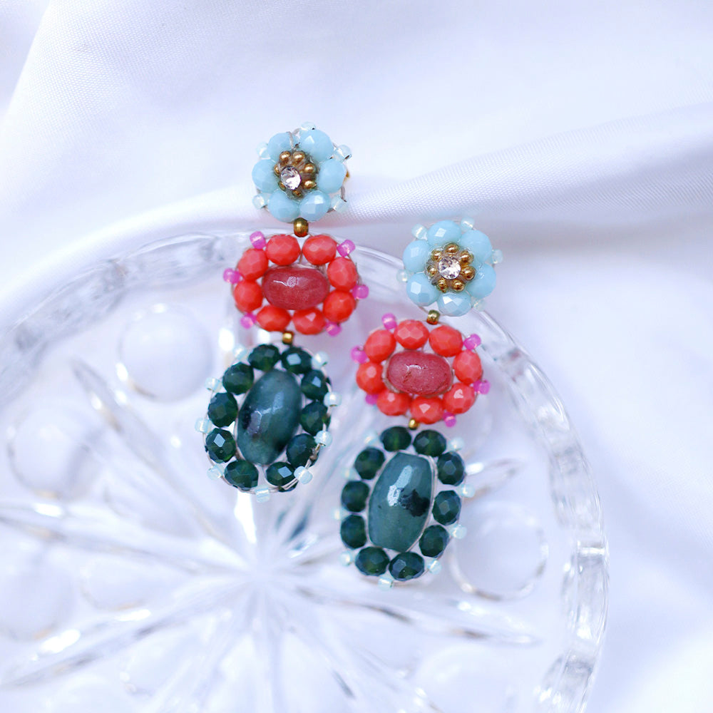 long colorful statement earrings with pink and olive green agate stone and blue, orange and dark green beads