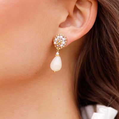 golden gemstone earrings with cream coloured agate stone drop